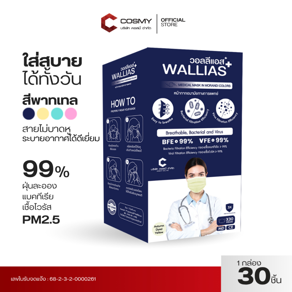 Wallias หน้ากากอนามัย Medical Mask In Morandi Color หน้ากากอนามัยสีพาทเทล หนา 3 ชั้น ป้องกัน PM2.5