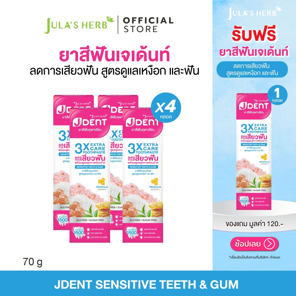 [โปร 4 แถม 1] ยาสีฟันเจเด้นท์สูตรลดเสียวฟันหลอดชมพู 4 หลอด แถมฟรียาสีฟันหลอดชมพู 1 หลอด