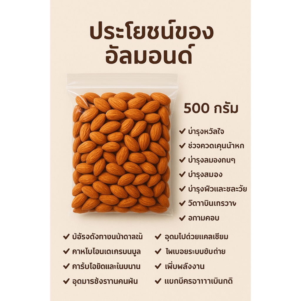 ALMOND อัลมอนด์เกรดเอ  เม็ดใหญ่ อบธรรมชาติ