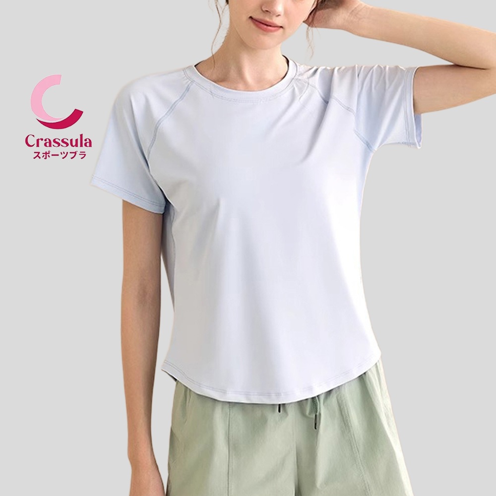 Crassula แท้ เสื้อกีฬาแขนสั้น ผ้าตาข่ายระบายอากาศ คอกลม ทรงหลวม สวมใส่สบาย ชุดออกกำลังกายผู้หญิง