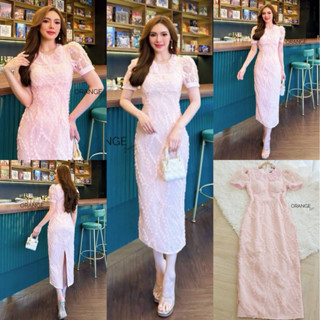 🧡พร้อมส่ง S-4XL🧡ป้าย Orange Juice💕เดรสออกงานสีชมพู แขนตุ๊กตา…