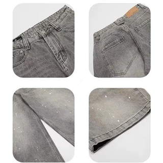 toki- กางเกงยีนส์ผู้ชาย ทรงตรง ทรงหลวม สีเทา กระบอกใหญ่ทรงบอลลูน Unisex ไซส์ M-3XL สไตล์อเมริกันวินเทจ baggy jeans