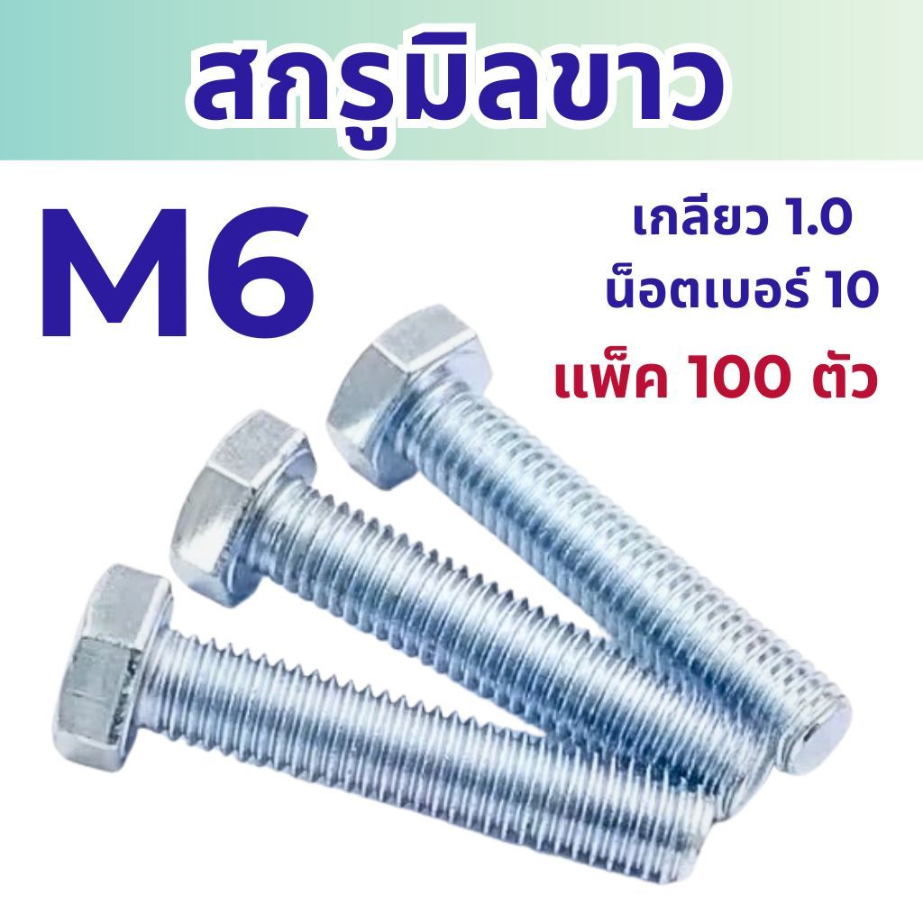 สกรูมิลขาว หัวหกเหลี่ยม ขนาด M6 เกลียว 1.0 ความยาว 10 - 50 mm  (แพ็ค 100 ตัว) สกรู น็อตมิลขาว