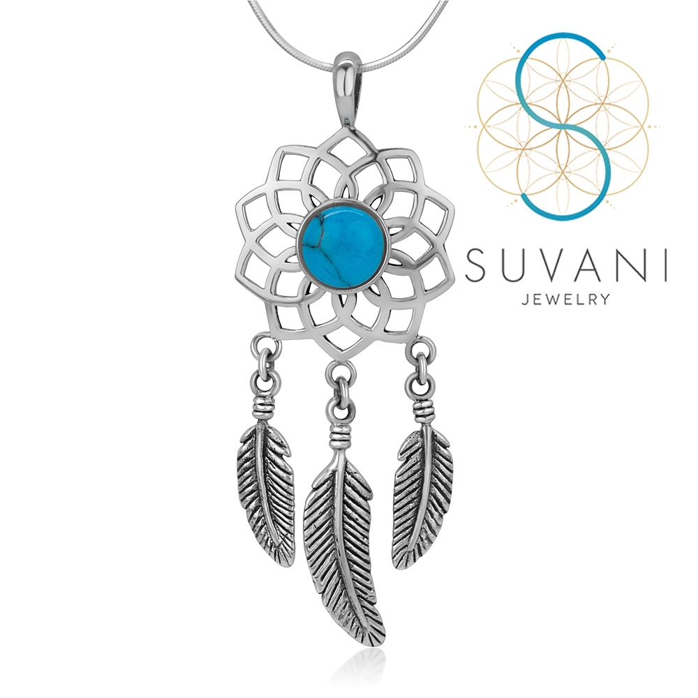 SUVNAI เงินแท้ 92.5 % จี้ตาข่ายดักฝันร้าย (Dream Catcher) ประดับด้วยหินเทอร์ควอยส์ จี้พร้อมสร้อยคอ เครื่องประดับเงินแท้