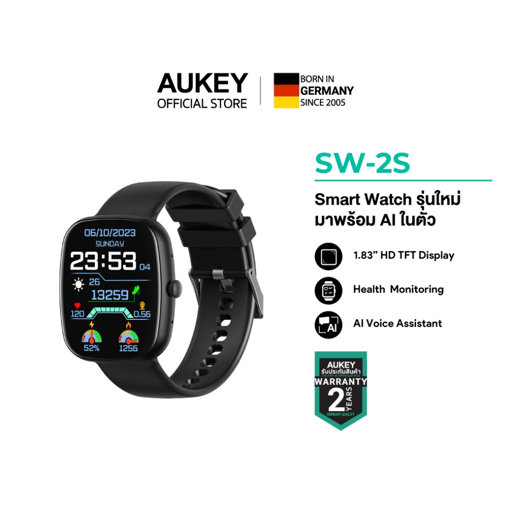 AUKEY SmartWatch SW-2S พร้อม AI ในตัว หน้าจอใหญ่ 1.83” กันน้ำ IP68 สมาร์ทวอทช์อัจฉริยะ ดีไซน์ทันสมัย