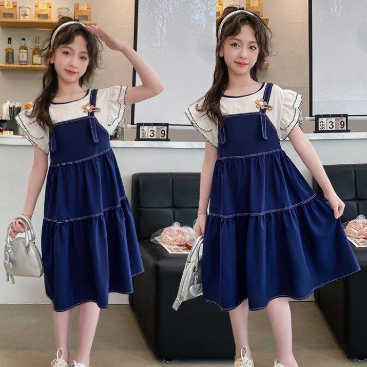 (พร้อมส่ง)ชุดเด็ก เสื้อขาวหลอกเดรสกระโปรงสีกรม ติดกันงานน่ารักมาก