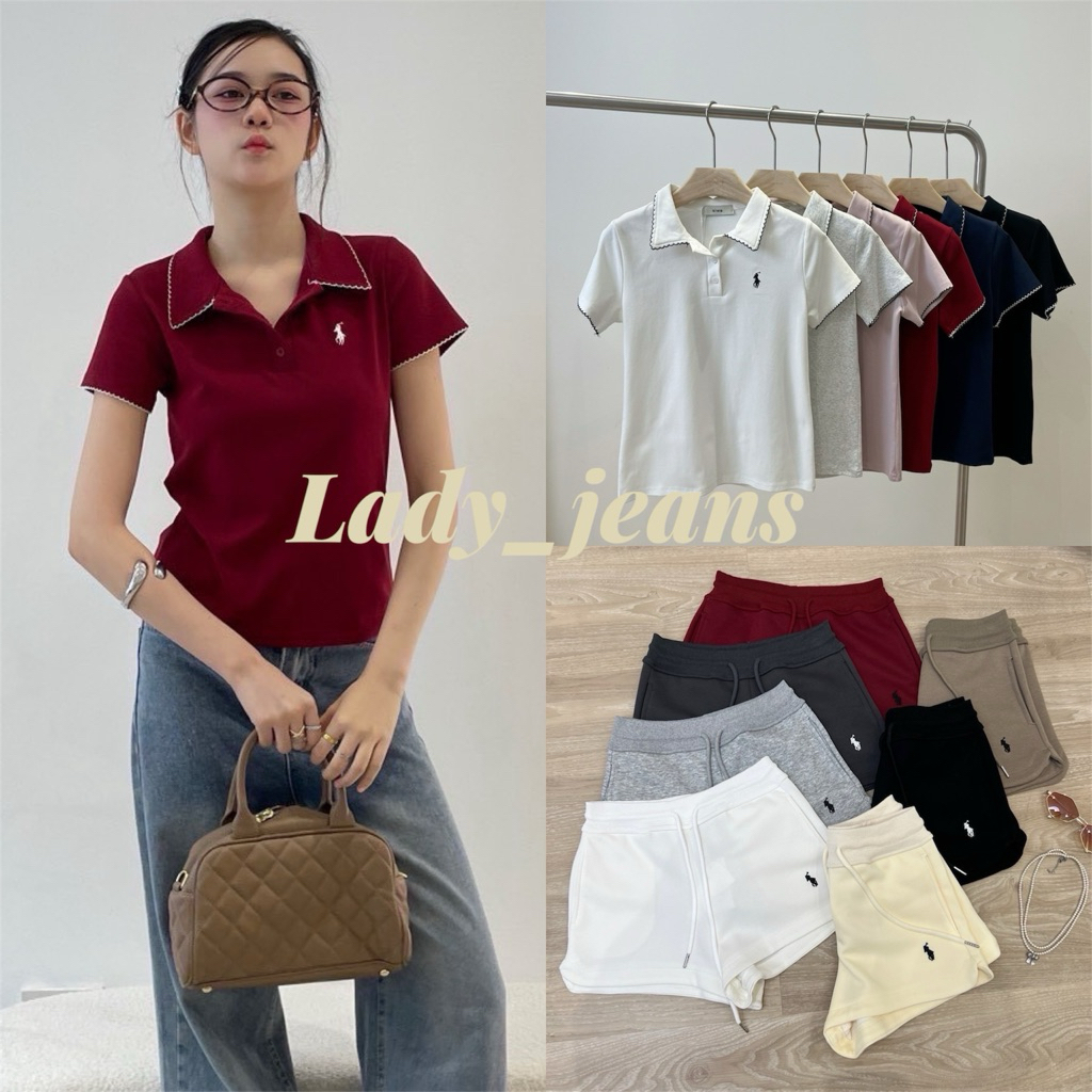 Lady_jeans#1020(Siwa)เสื้อเชิ๊ต แต่งขอบปกเชิ๊ต ปกแขน ปักม้า + กางเกงขาสั้นผ้าวอม ปักม้า(ขายแยก)