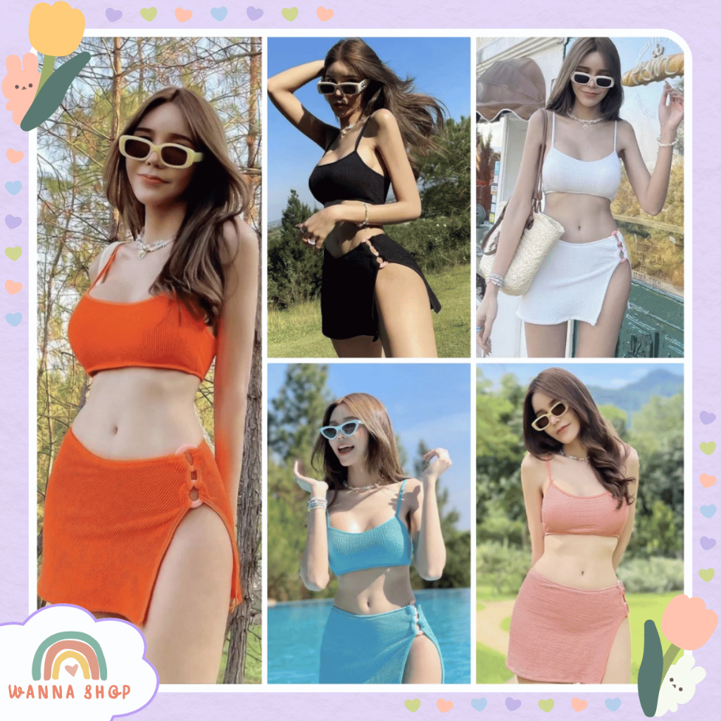 พร้อมส่ง🔥บิกินี่ ชุดว่ายน้ำ ผู้หญิง แฟชั่น เซ็กซี่ เกาหลี ชุดไปทะเล Bikini 3 ชิ้น สีส้ม สีฟ้า สีขาว สีดำ สีชมพู