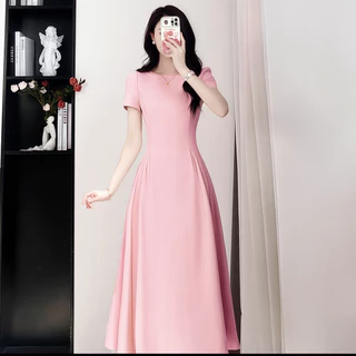 【XS-5XL】 เดรสยาวปานกลาง คอเหลี่ยม แขนสั้น เดรส A-line เรียบหรู ชุดทำงานสุภาพ เข้ารูป พลัสไซซ์