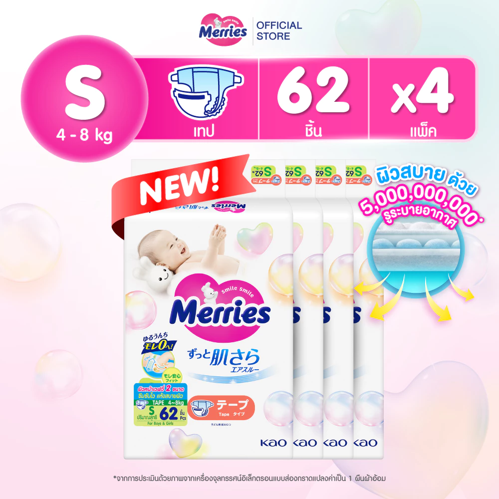 [ยกลัง] ผ้าอ้อมเด็กเมอร์รี่ส์ชนิดเทป ไซส์ S 62x4 ชิ้น