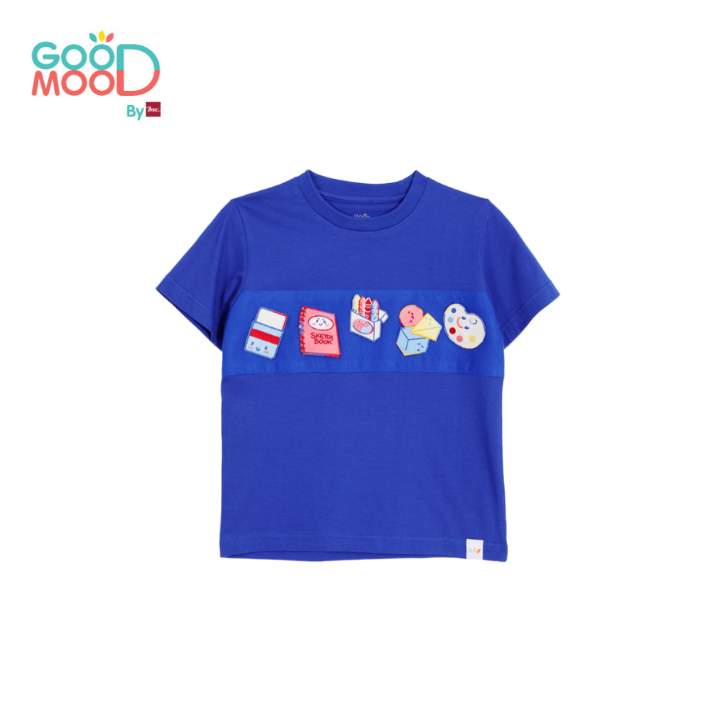 Good Mood by bsc เสื้อยืดคอกลม แขนสั้น สีน้ำเงิน + PATCHES  6 ชิ้น สำหรับเด็กอายุ 4-5 ปี ผ้าคอตตอน