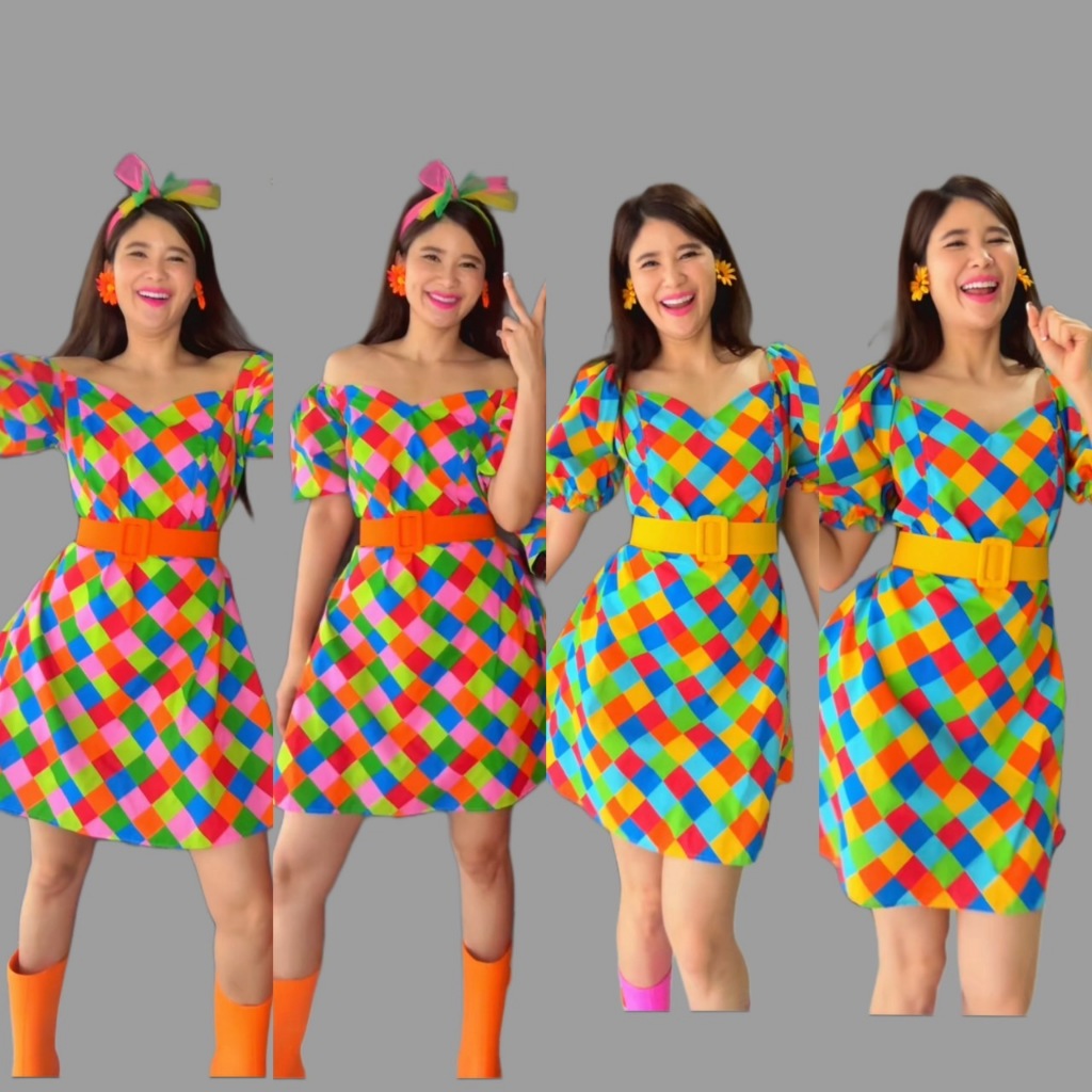 Dress ลายข้าวหลามตัด ชุดธีมงานวัด ชุดมนต์รักลูกทุ่ง ชุดย้อนยุค