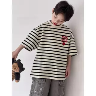 [ส่งไวจากไทย] *แค่เสื้อ* เสื้อยืดคอกลมเด็ก เสื้อแขนสั้นลายริ้ว ทรงโอเวอร์ไซส์ งานปักช่วงอก หล่อๆเท่ๆ เหมาะสำหรับ 5-14 ปี