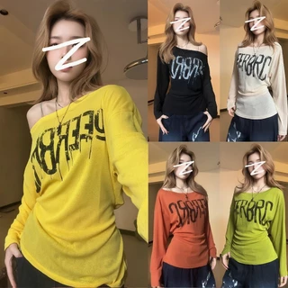 ทั้งหมด6สี เสื้อยืดผู้หญิง เสื้อเปิดไหล่ สไตล์วินเทจ พูกสายที่เอว ดูเอวผอม #1502402