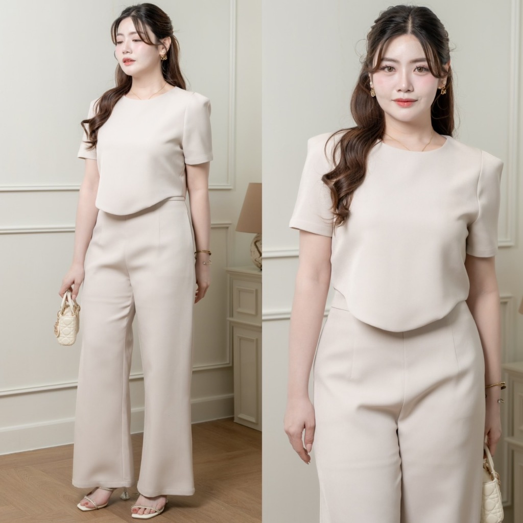 Thealner - Riley suit  AN566  (เซ็ตเสื้อคอกลมแขนสั้นชายโค้ง+กางเกงขายาว)