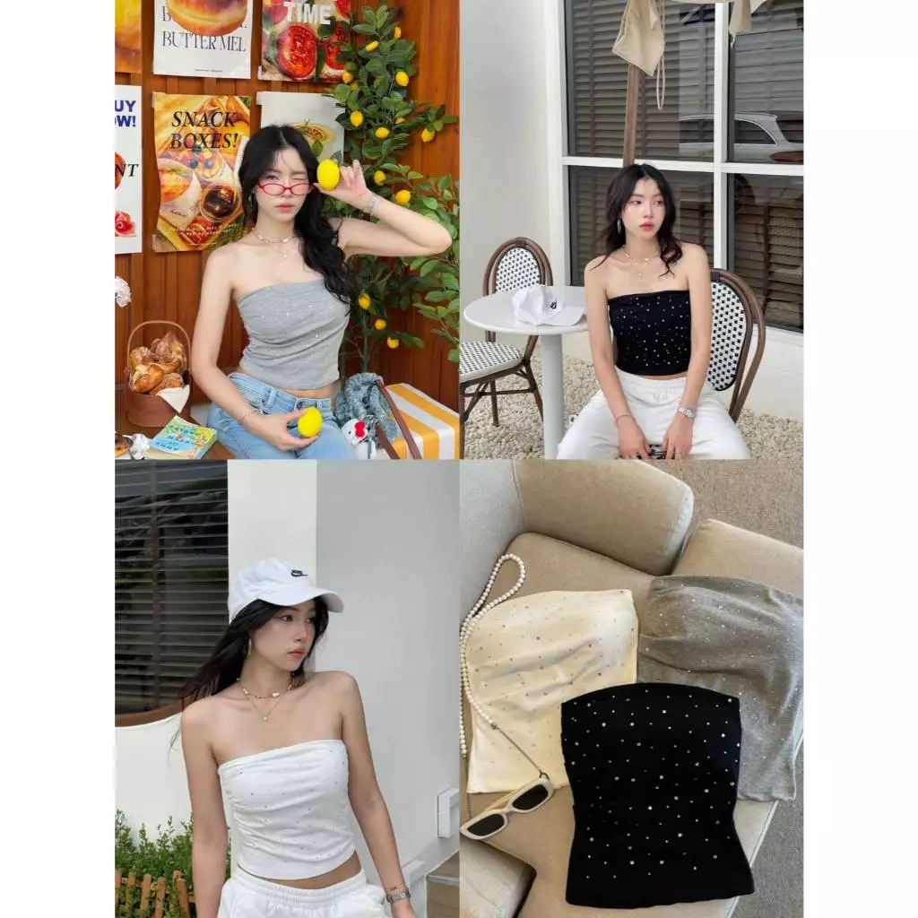 B-314 เสื้อเกาะอกติดเพชรglowytank เพชรใหญ่วิบวับ ฟองน้ำในตัว ผ้านิ่มใส่สบาย