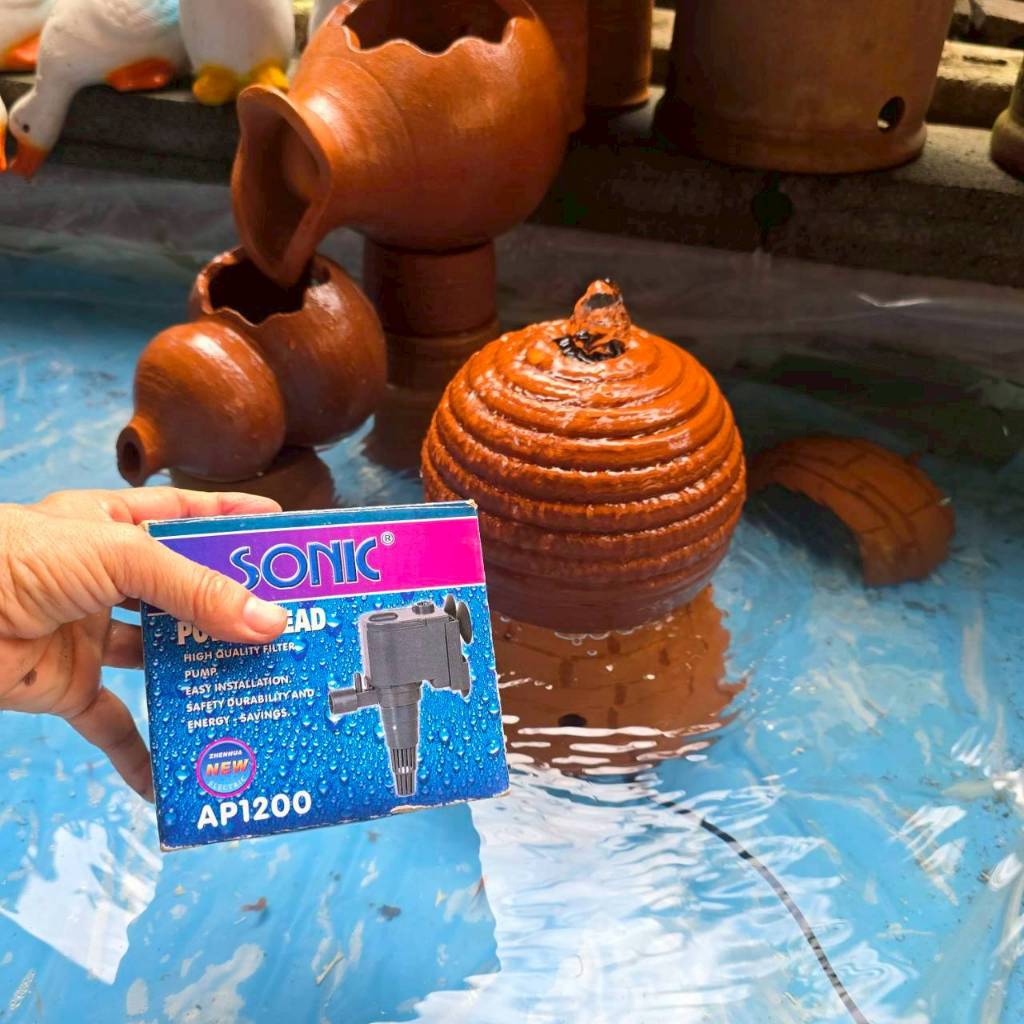 (ได้ 3 ชิ้น) โอ่งน้ำล้นขดหอย+ฐานตั้ง+ปั้ม AP1200 ทำน้ำตก จัดสวน ตกแต่งสวน พร้อมส่ง