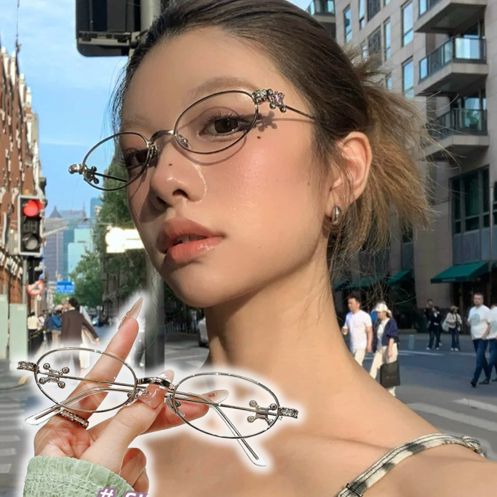 💗พร้อมส่งจากไทย💗CC-20แว่นตาชั่นวงรีสไตล์วินเทจY2k แว่นตากรองแสงวงรีแต่งเพรช