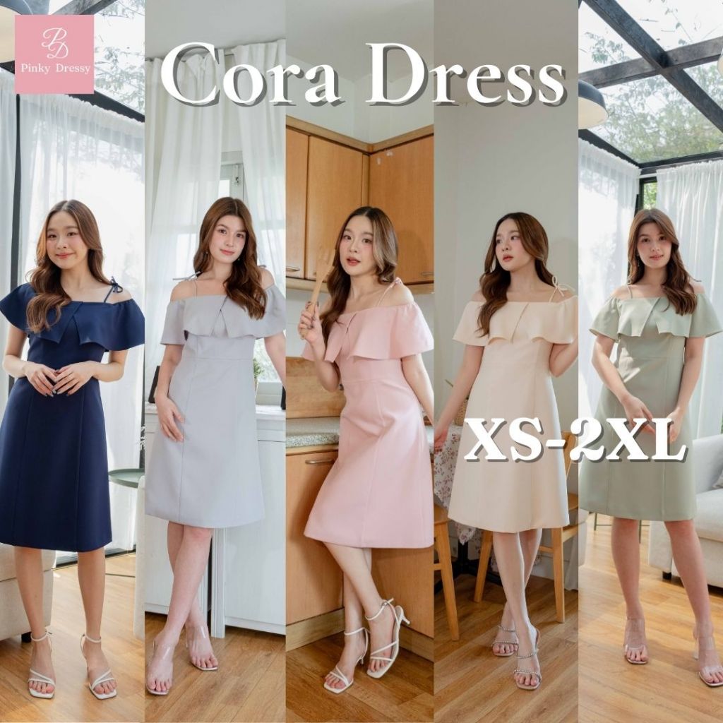 PNK021 Cora Dress✨ เดรสเปิดไหล่ สายเดี่ยว ผูกโบว์ ออกงาน ไปงาน Pinky Dressy
