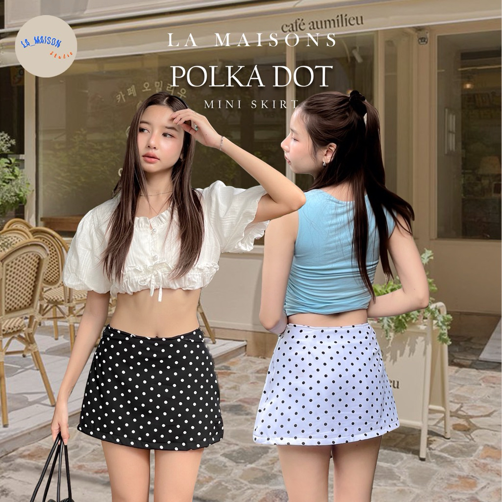 แบบใหม่ กระโปรงสั้นลายจุด เอวต่ำ มีซับในกางเกง Polka Dot mini skirts
