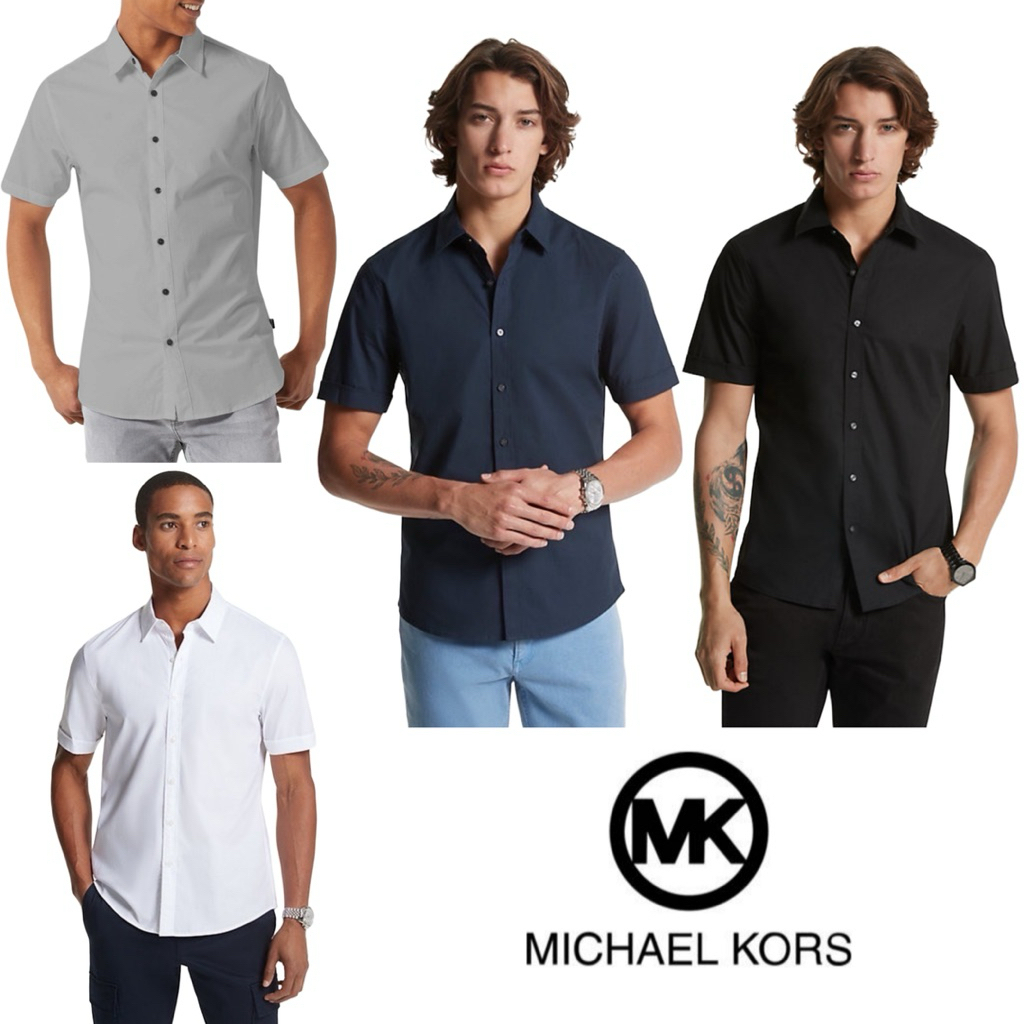 เสื้อเชิ้ตสีพื้นแขนสั้น-แขนยาว MICHAEL KORS TRIM STRETCH SLIM-FIT SHIRT