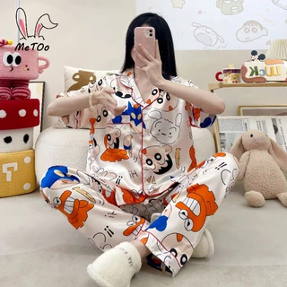 MeToo ชุดนอนแขนสั้นผ้าไหมอิตาลี ชุดนอนผ้าซาติน สะดวกสบายและระบายอากาศ พลัสหลวม Sleepwear สุภาพสตรีเสื้อผ้าพรีเมี่ยม ชุดน