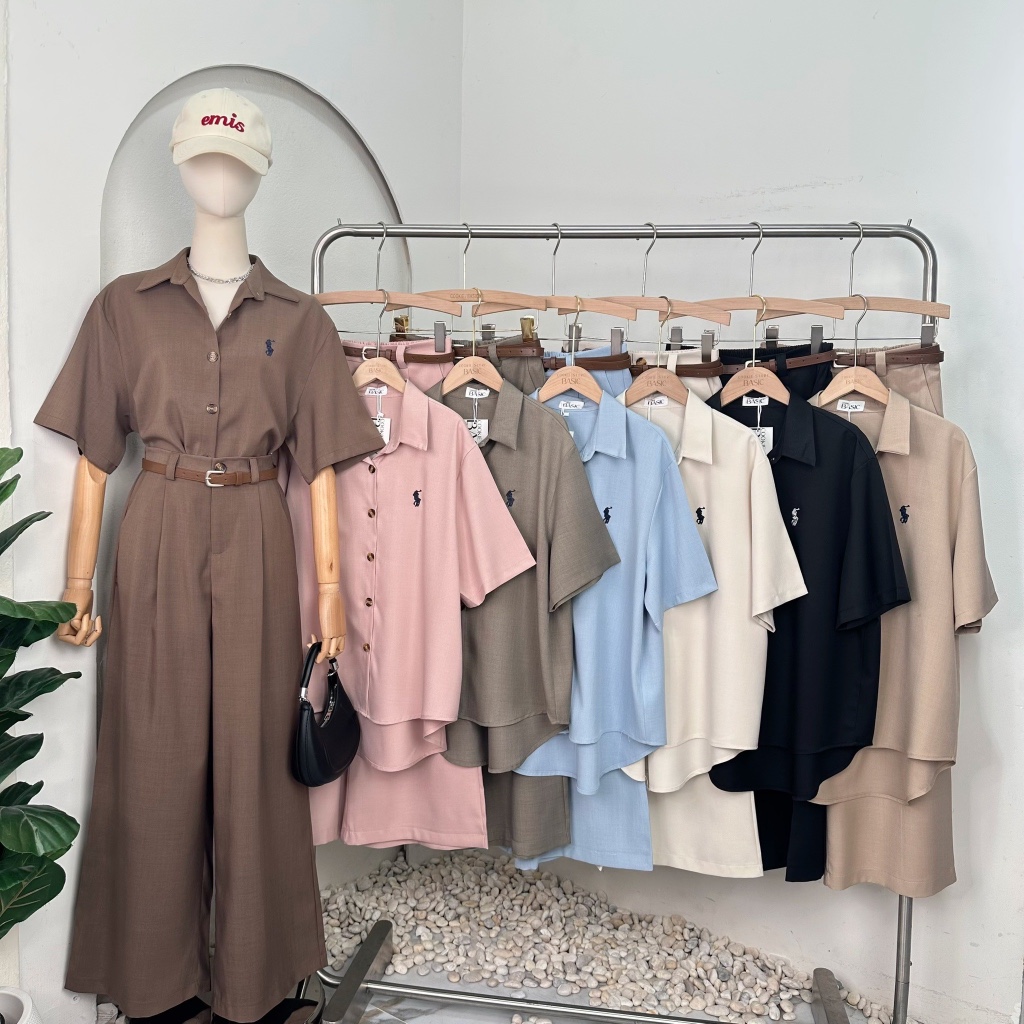 Mook_shop ชุดSetเสื้อแขนสั้นปักอกกางเกงขายาว+เข็มขัด