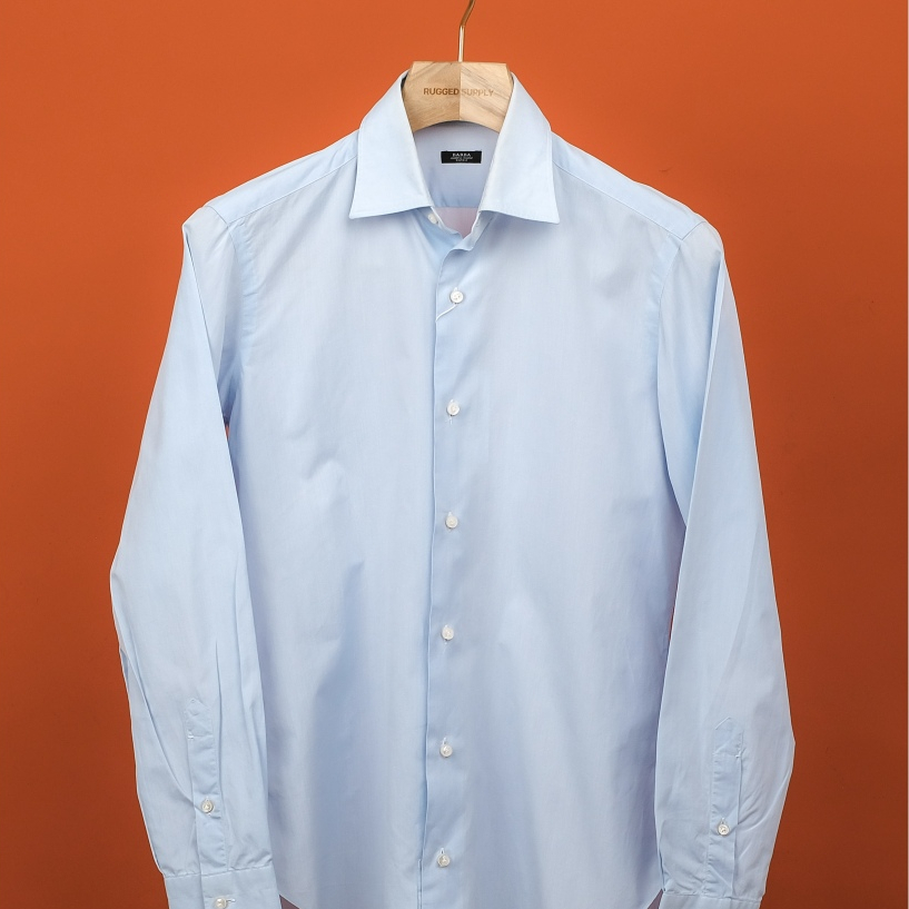 M - BARBA NAPOLI Blue Spread Collar Cotton Shirt