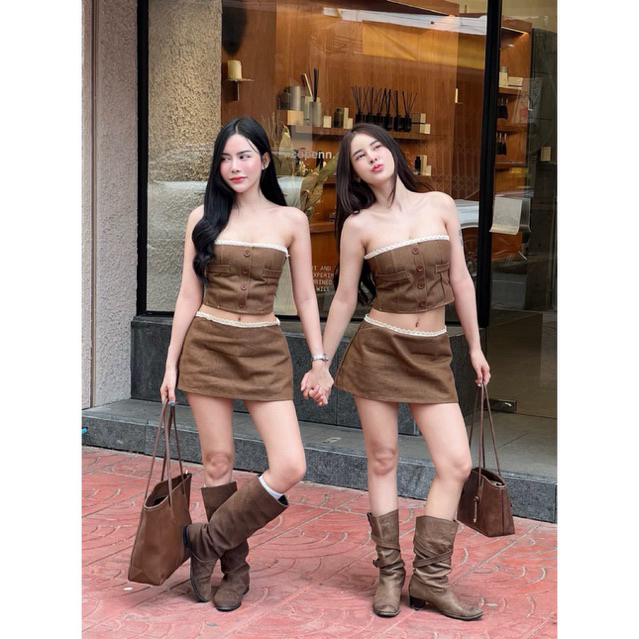 TWOGIRLS BROWN ชุดเซ็ท2ชิ้นผ้ายีนคอตตอล