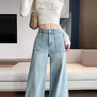 S~5XL กางเกงยีนส์สีฟ้าเอวสูง กางเกงขายาวทรงตรงดีไซน์ทันสมัย กางเกงยีนส์ขาขยายสไตล์สบายๆ ที่เข้ากับทุกโอกาส HOT