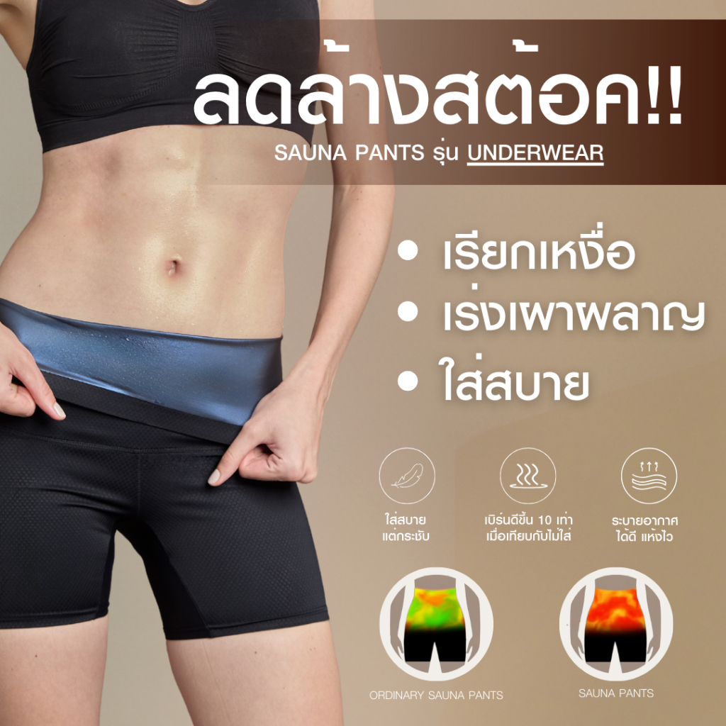 ลดล้างสต็อก!! Petchploy ซาวน่าเพชรพลอย เรียกเหงื่อ รุ่น Underwear มีเป้าในตัว และรุ่น Plus ปลายขาแคบ 1นิ้ว กระชับสัดส่วน