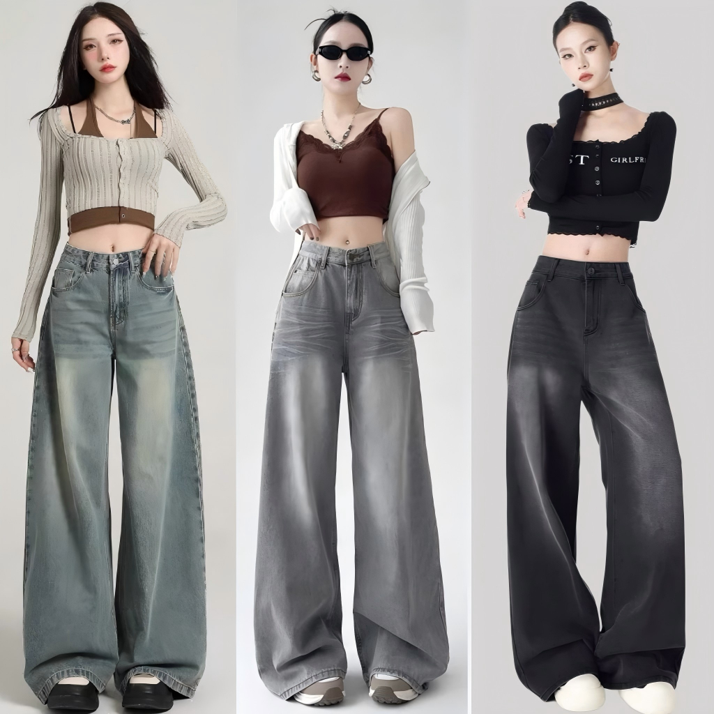 กางเกงยีนส์ทรงกระบอกสีดำฟอก ปลายขาบาน วินเทจ ทรงสวย สาวอวบJean ผู้หญิง เสื้อผ้า