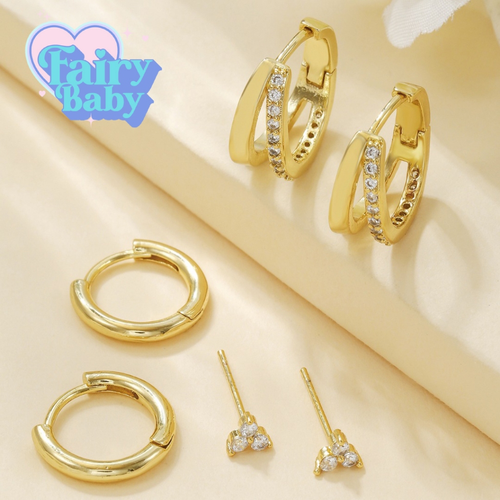 Fairybaby เซท ต่างหู Hype Honey Set - Golden (6 ชิ้น) สีทอง เซท ต่างหู ประกาย หรูหรา เรียบง่าย เซ็ทต