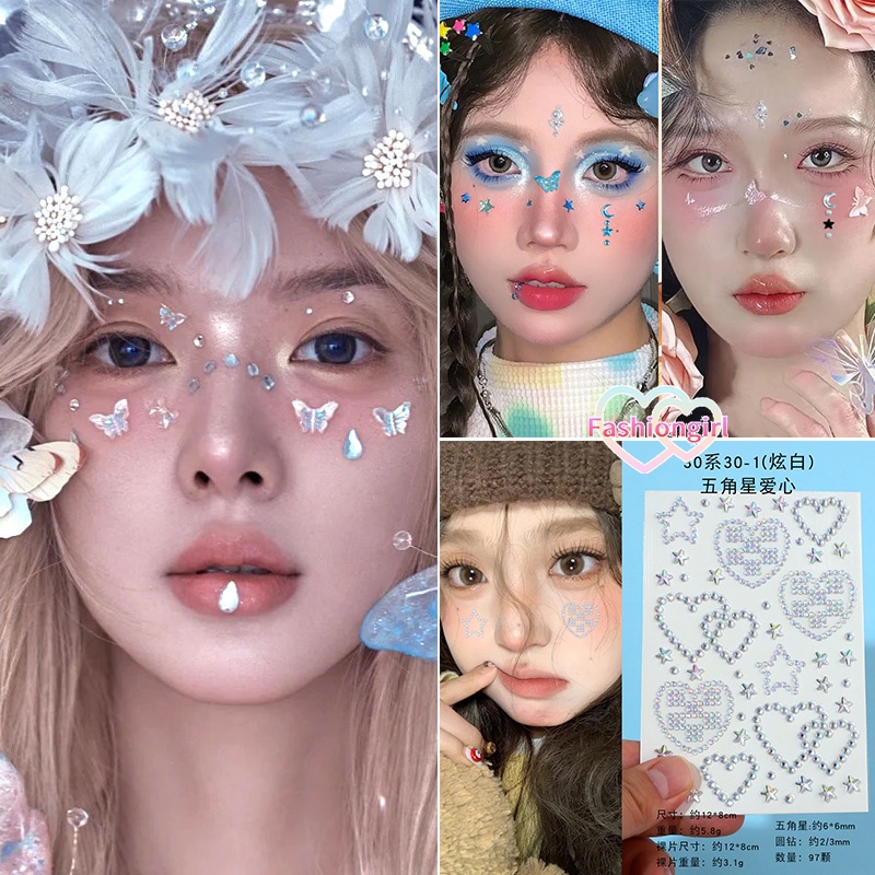 Fashion girl แผ่นแพทช์เพชร โบว์ติดหน้า Diy ​สติกเกอร์ตกแต่ง อเนกประสงค์ สําหรับร่างกาย ใบหน้า คิ้ว ดวงตา