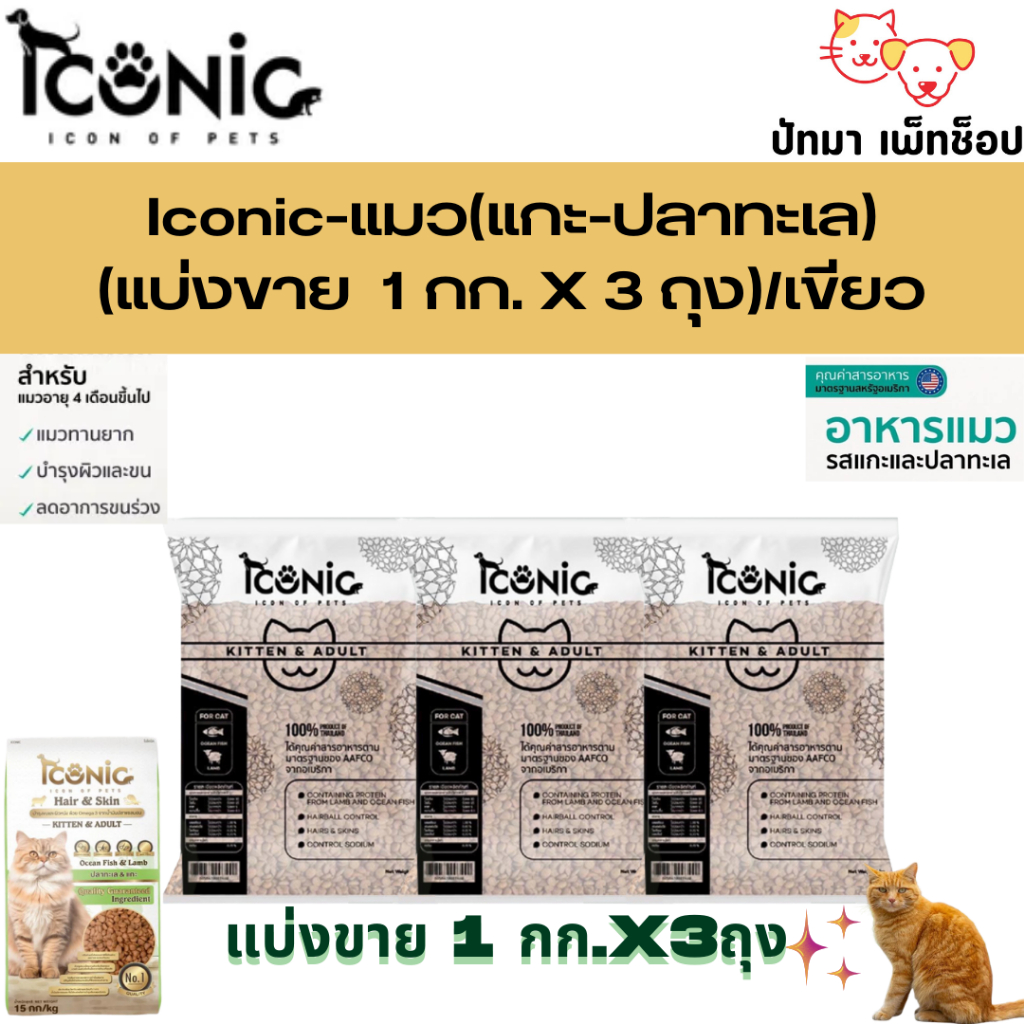 ( 3 กก.) Iconic อาหารแมวไอโคนิค มี 3 สูตร สูตรแกะ + ปลาทะเล /สีเขียว  สูตรแกะ + ปลาทูน่า/สีม่วง สูตรไก่ + ปลาทูน่า/สีทอง