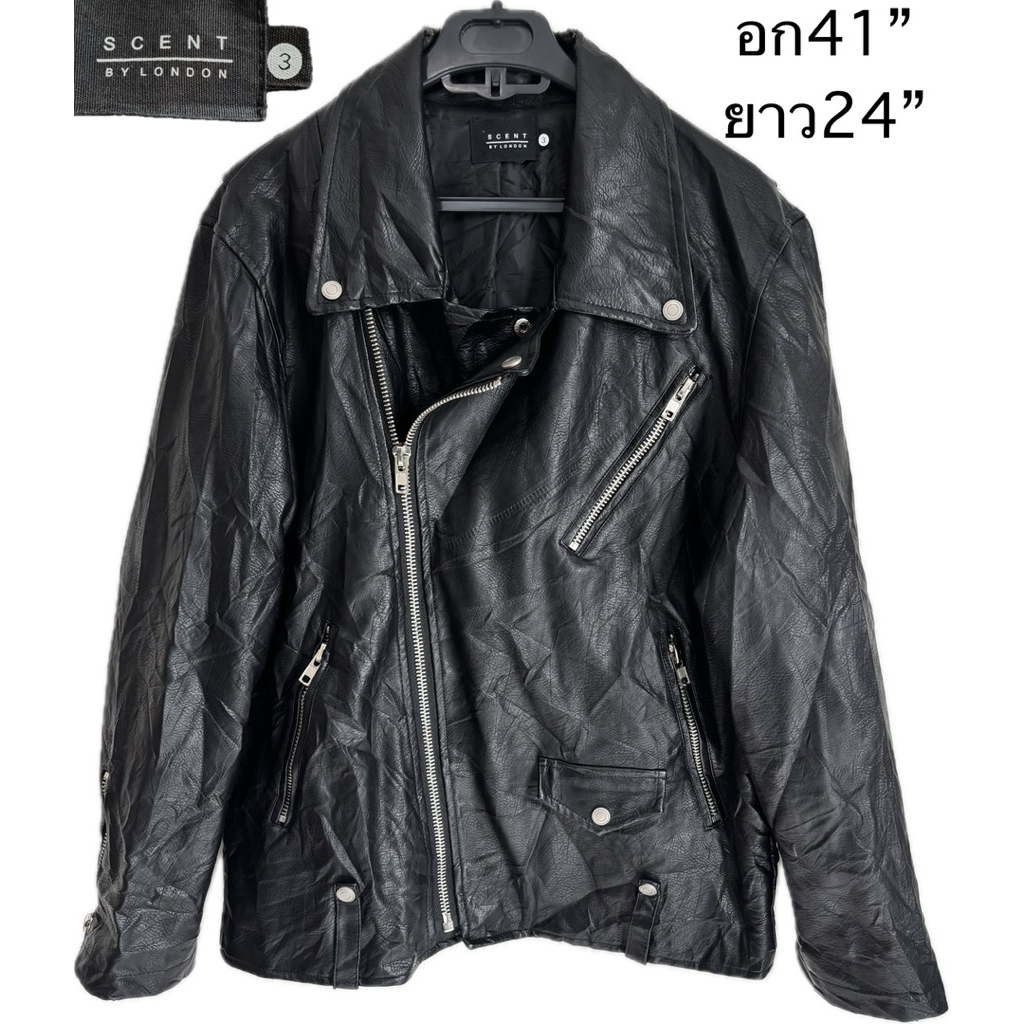 J16 มือสองตำหนิคอหนังลอก ลดราคา  SCENT BY LONDON เสื้อแจ็คเก็ตไรเดอร์  เสื้อหนัง