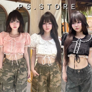 Rynn crop : เสื้อครอปแขนตุ๊กตาคอบัว ดีเทลแต่งขอบลูกไม้