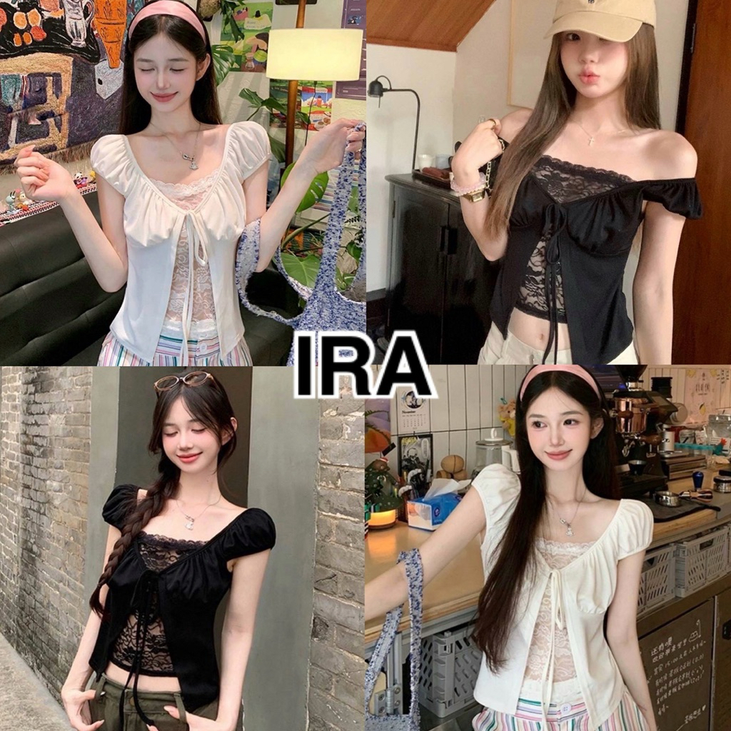 BY IRA  (2106)Angelo top 🎉พร้อมส่ง🎉  เสื้อแขนตุ๊กตา ดีเทลมีลูกไม้ด้านใน ผ้าเรอยน ผูกโบว์ด้านหน้า สไตล์สาวตัวเล็กน่ารัก