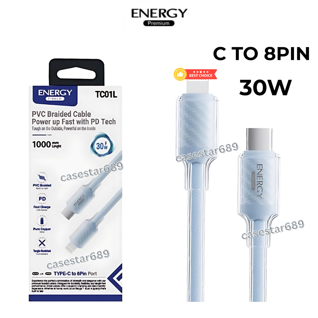 สายชาร์จ  ชาร์จเร็ว PD30W (C to 8Pin) สาย PVC ใส+ไนลอนถักเส้นกลมด้านใน ของแท้ ยี่ห้อ energy