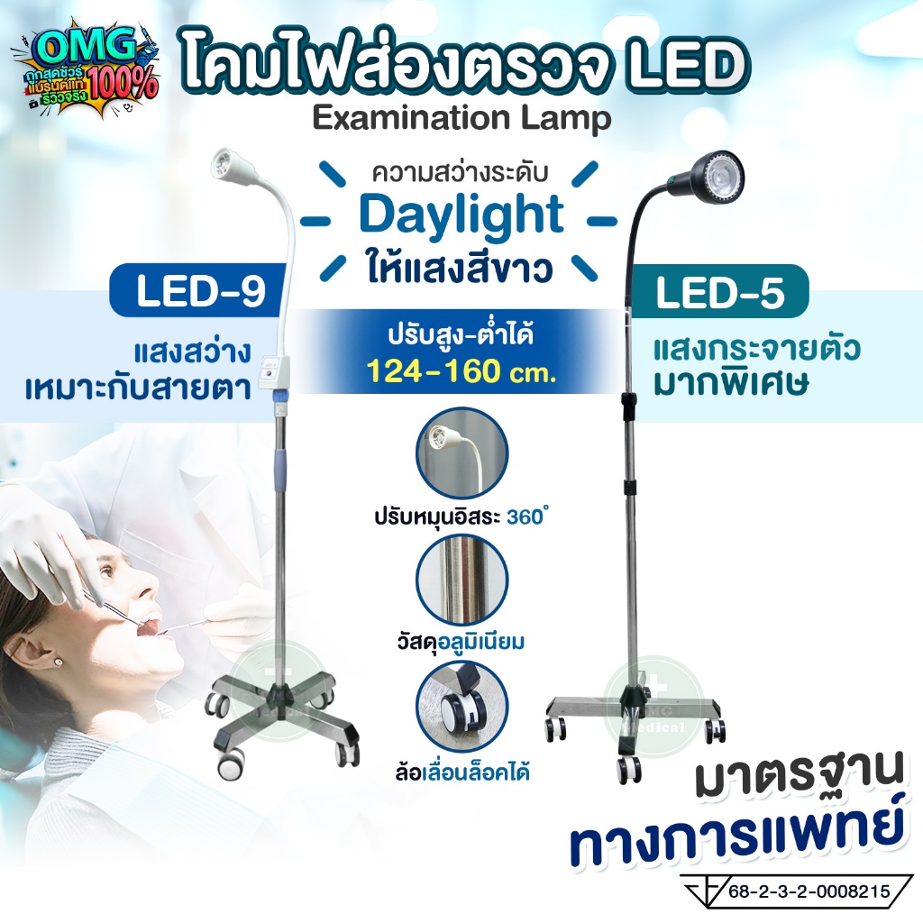 โคมไฟผ่าตัด LED โคมไฟส่องตรวจ โคมไฟแพทย์ โทนแสง Daylight แสงสีขาว มาตรฐานทางการแพทย์ รับรอง อย.ไทย