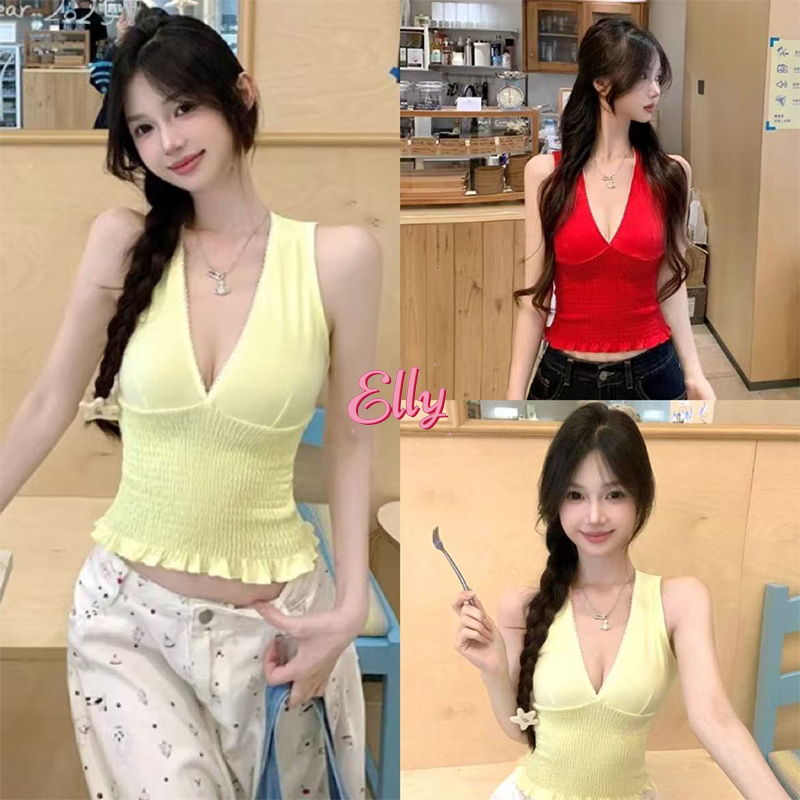 Elly พร้อมส่ง❤️️คอวีลึก สื้อคล้องคอ ทรงครอป❤️️โชว์หลังเซ็กซี่แซ่บ แฟชั่นผู้หญิง รัดรูป ลำลอง น่ารักแซ่บๆ สไตล์เกาหลี