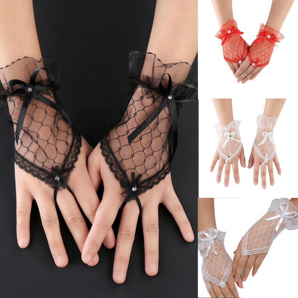 ถุงมือสั้นเจ้าสาวชีฟองลูกไม้มีโบว์