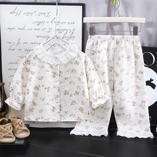 ✨80-130 ซม.✨ชุดนอนเด็กหญิง เสื้อคาร์ดิแกนติดกระดุม- กางเกงขายาว พร้อมส่งจากไทย