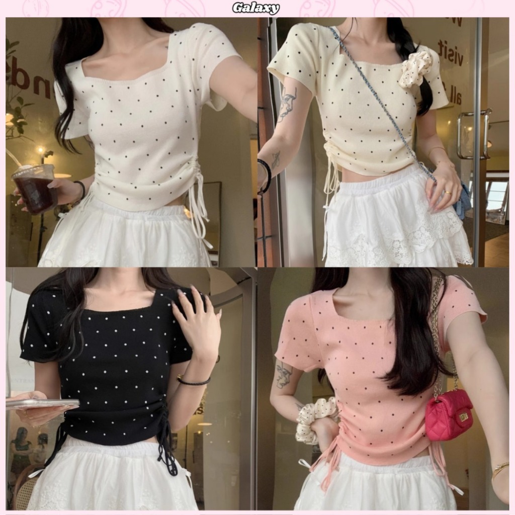 เสื้อยืดผู้หญิง เสื้อไหมพรมคอสี่เหลี่ยม ลายจุด รูดเชือกด้านข้าง มีทั้งหมด6สี แบบเก๋ #020392