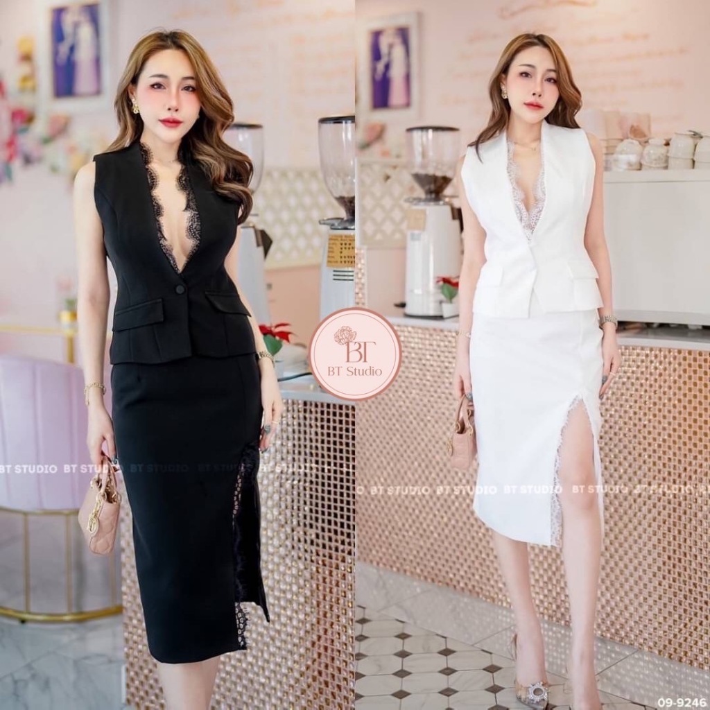 BT 09-9246 งานลดราคา เคลียร์สต็อก ราคาพิเศษเซท 2 ชิ้น เสื้อเบเซอร์แขนกุด ช่วงขอบเสื้อแต่งลูกไม้ กระโปรงยาวคลุมเข่าผ่าข้า