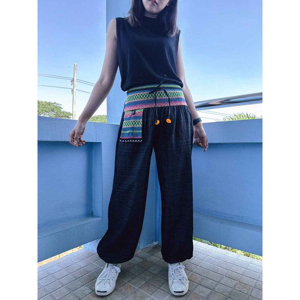 กางเกงพื้นเมืองยืดตรงขอบ