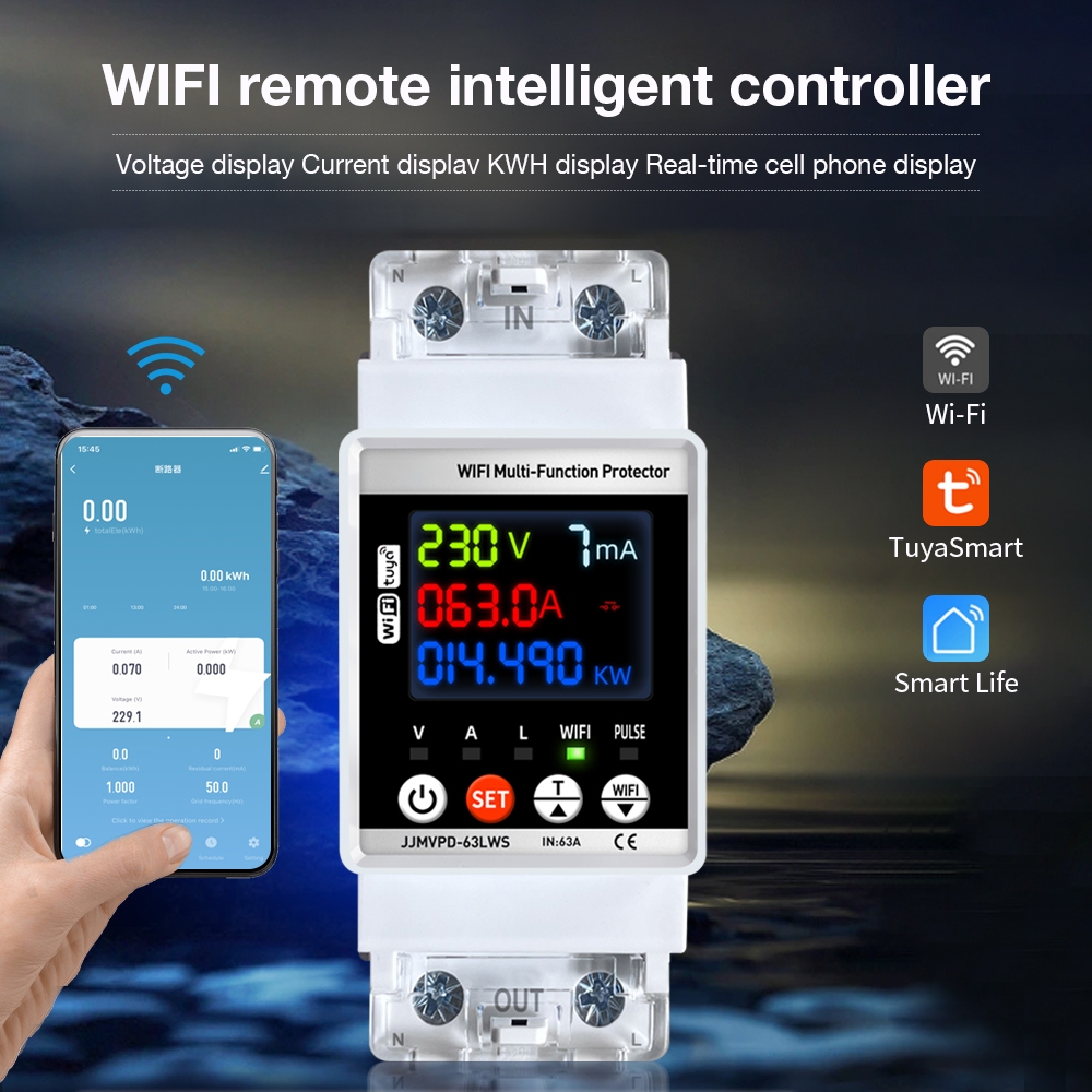 มิเตอร์วัดพลังงานอัจฉริยะ WiFi 63A ตัวป้องกันการปิดซ้ำอัตโนมัติ ตัวควบคุมแรงดันไฟฟ้ากระแสรั่วไหล KWH แบบดิจิทัล เบรกเกอร