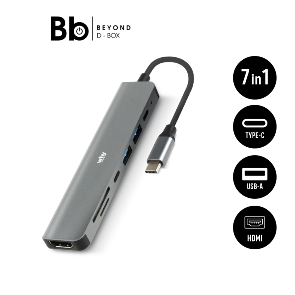 WHY Port Hub 7-in-1 USB Type-C (HDMI/USB-A/USB-C/SD card/TF card) HB-1024 Grey by BB Beyond D-Box