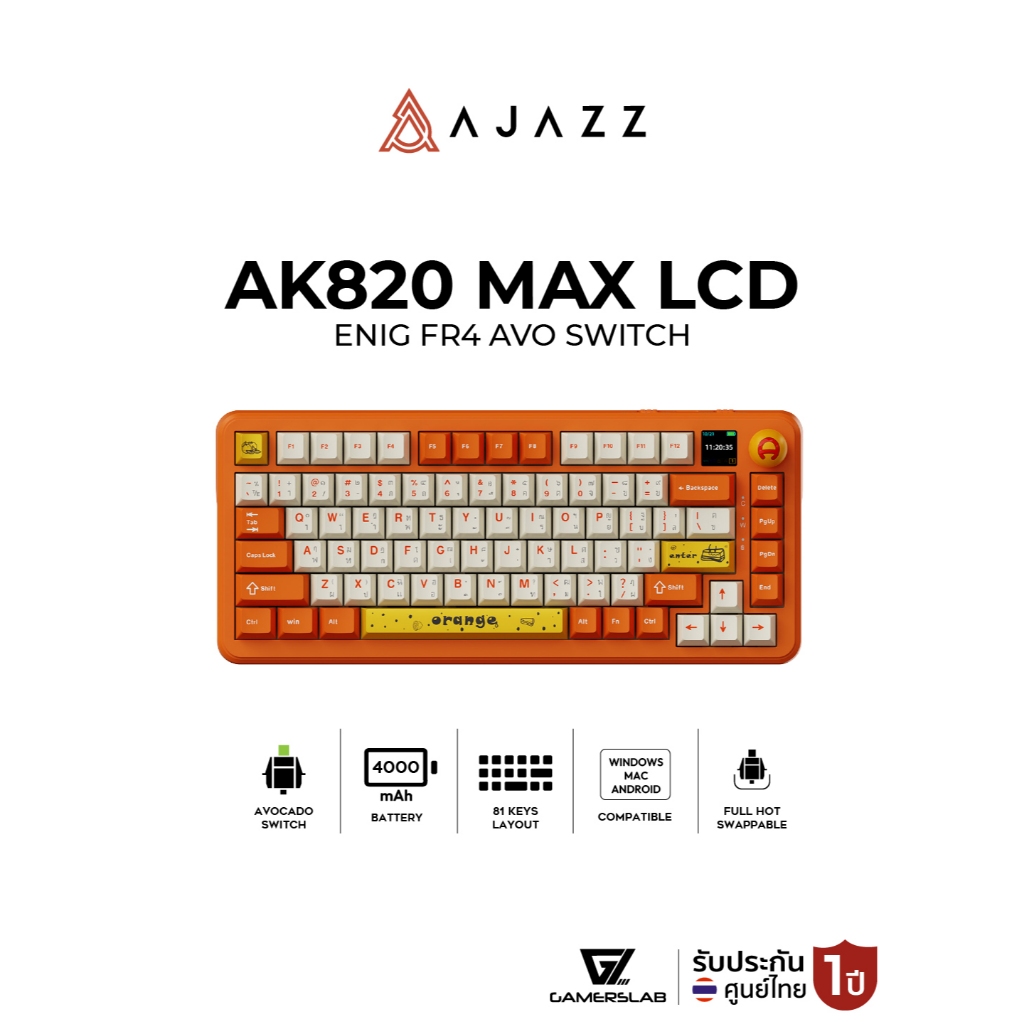 คีย์บอร์ดเกมมิ่ง Ajazz AK820Max LCD ENIG FR4 Cherry Profile RGB Tri-Mod Gasket Mechanical Keyboard