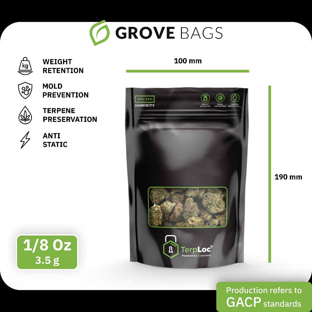 ถุงบ่ม Grove Bags Curing Bag 1/8 oz(3.5g)20 ชิ้น พร้อม TerpLock รักษากลิ่น ป้องกันเชื้อรา under GACP